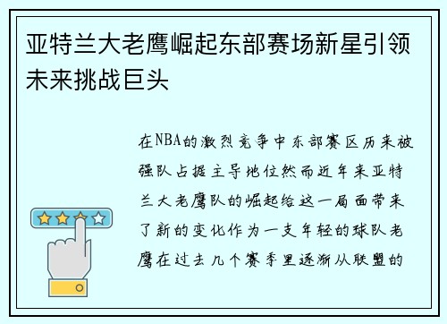 亚特兰大老鹰崛起东部赛场新星引领未来挑战巨头